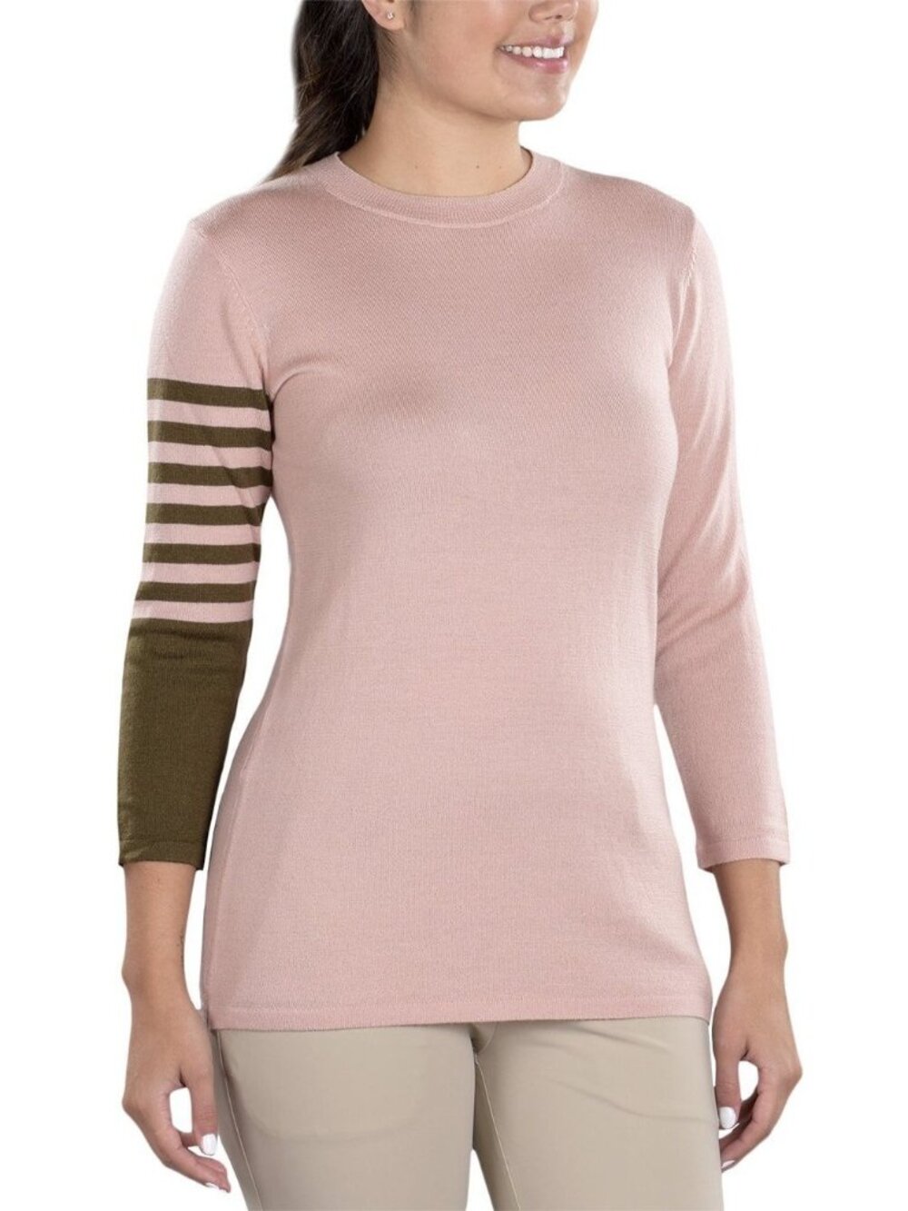 Merino Wool Sweater 3/4 Sleeve Pink Women's XL Preppy Academia Soft Striped Cozy